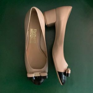 Salvatore Ferragamo Elea Nib Nude Leather and Patent Black Heels